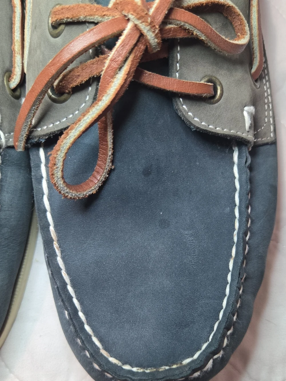Men's Two-Tone Leather Boat Shoes in Navy, Gray and Brown Mens Size 10.5